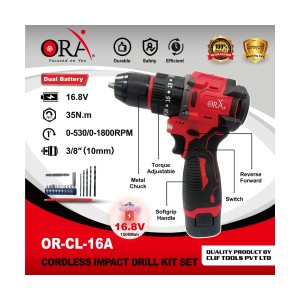 ORA CORDLESS IMPACT DRILL ( 10MM ) ( 16.8V ) 1500MAH 5C X 2PCS ( 35 N.M ) 1A CHARGER - OR-CL-16A