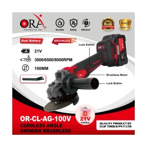 ORA CORDLESS ANGLE GRINDER BRUSHLESS (10MM) 3 SPEED ( 21V ) BIG SWITCH WITH ACCESSORIES - OR-CL- AG100V